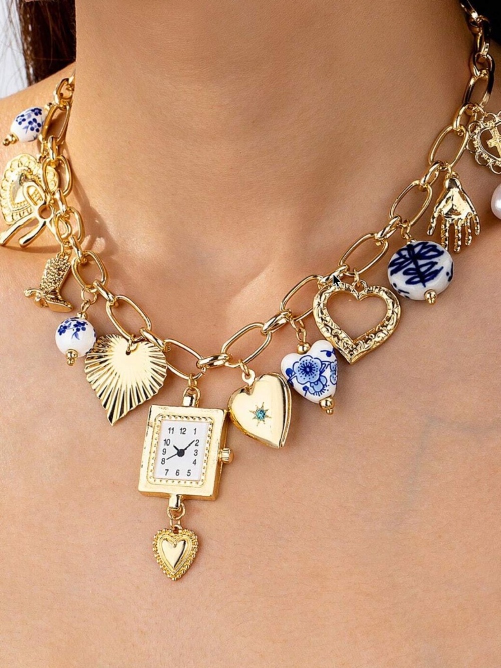 Handmade Gold Tone Heart Pendant Charms Chunky Chain Necklace